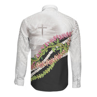 Hawaii Mokihana Mix Pikake Leis Mahalo 'Olelo Long Sleeve Button Shirt White Tapa LT7 - Polynesian Pride