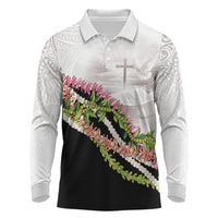 Hawaii Mokihana Mix Pikake Leis Mahalo 'Olelo Long Sleeve Polo Shirt White Tapa LT7 White - Polynesian Pride