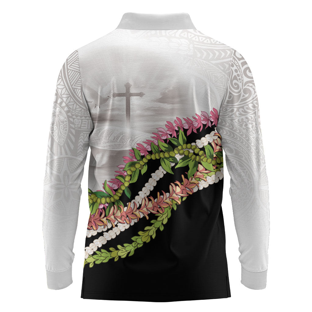 Hawaii Mokihana Mix Pikake Leis Mahalo 'Olelo Long Sleeve Polo Shirt White Tapa LT7 - Polynesian Pride