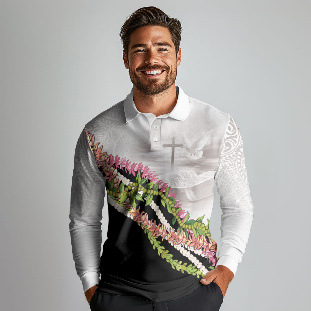 Hawaii Mokihana Mix Pikake Leis Mahalo 'Olelo Long Sleeve Polo Shirt White Tapa LT7 - Polynesian Pride