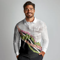 Hawaii Mokihana Mix Pikake Leis Mahalo 'Olelo Long Sleeve Polo Shirt White Tapa LT7 - Polynesian Pride