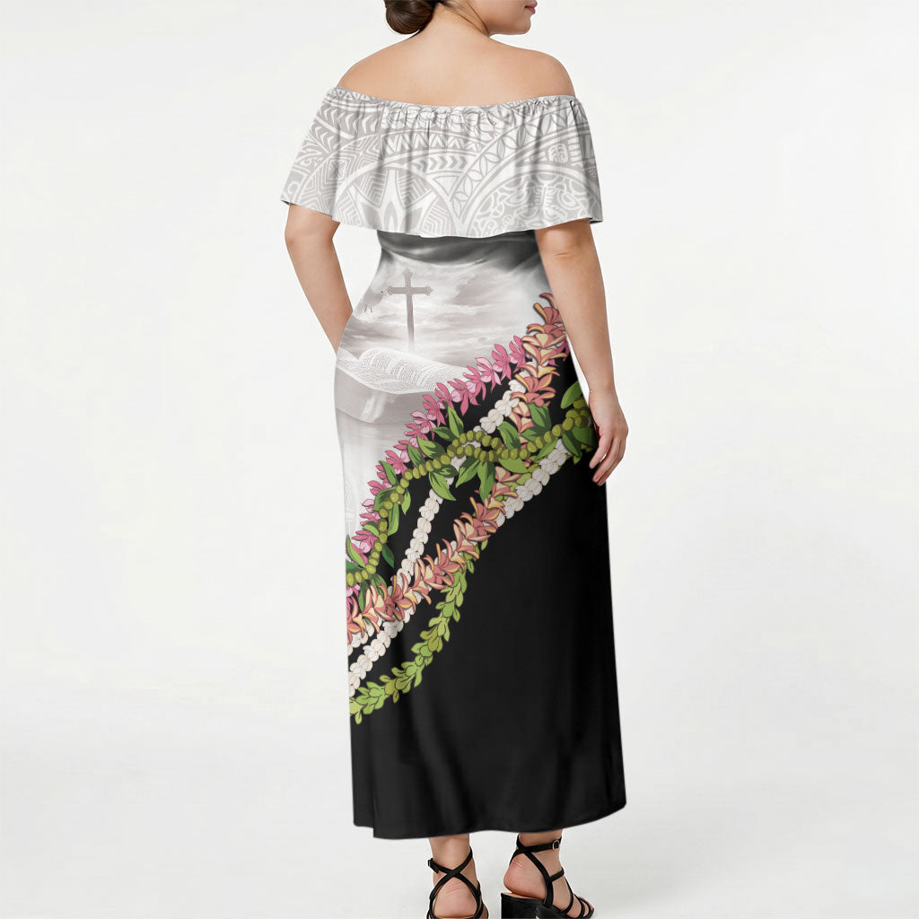 Hawaii Mokihana Mix Pikake Leis Mahalo 'Olelo Off Shoulder Maxi Dress White Tapa LT7 - Polynesian Pride