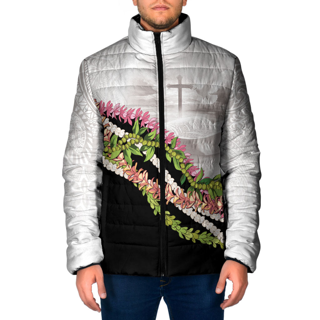 Hawaii Mokihana Mix Pikake Leis Mahalo 'Olelo Padded Jacket White Tapa LT7 Men White - Polynesian Pride