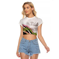 Hawaii Mokihana Mix Pikake Leis Mahalo 'Olelo Raglan Cropped T Shirt White Tapa LT7 Female White - Polynesian Pride