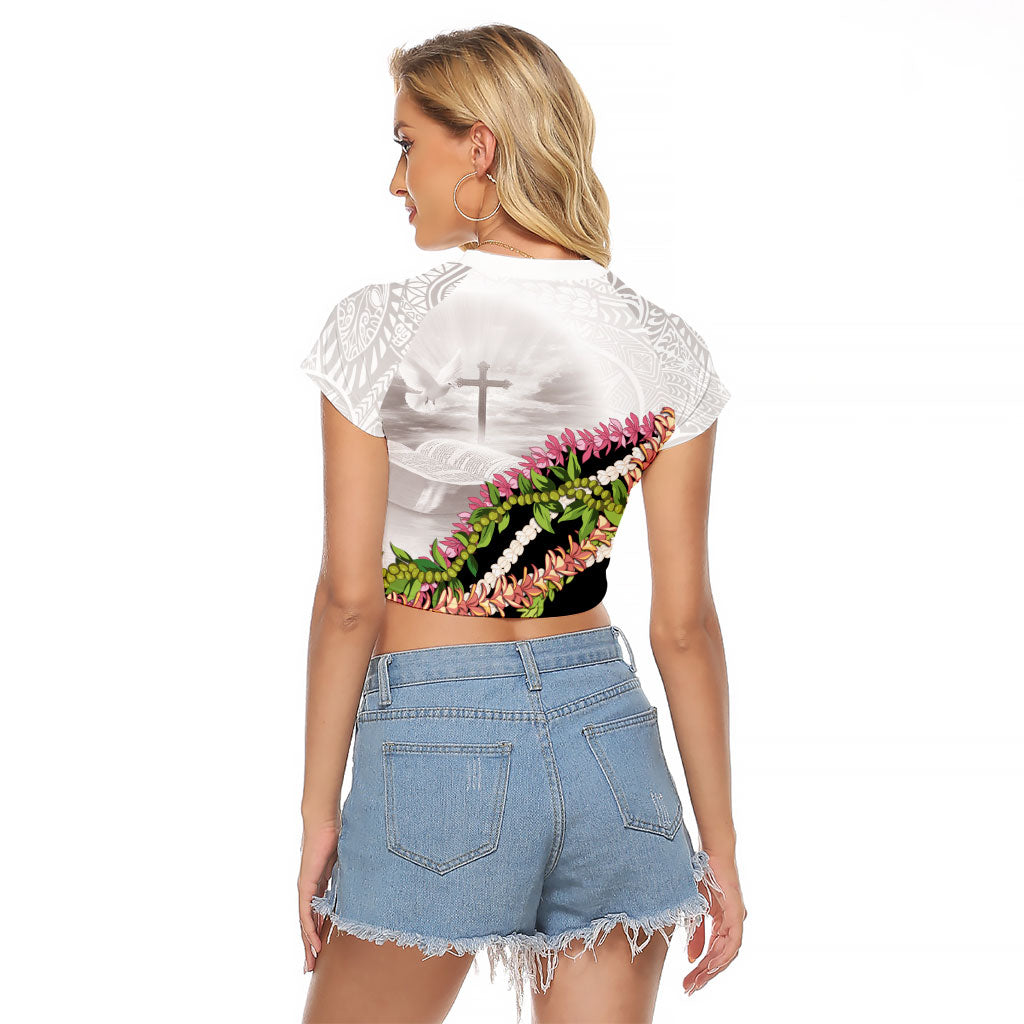 Hawaii Mokihana Mix Pikake Leis Mahalo 'Olelo Raglan Cropped T Shirt White Tapa LT7 - Polynesian Pride