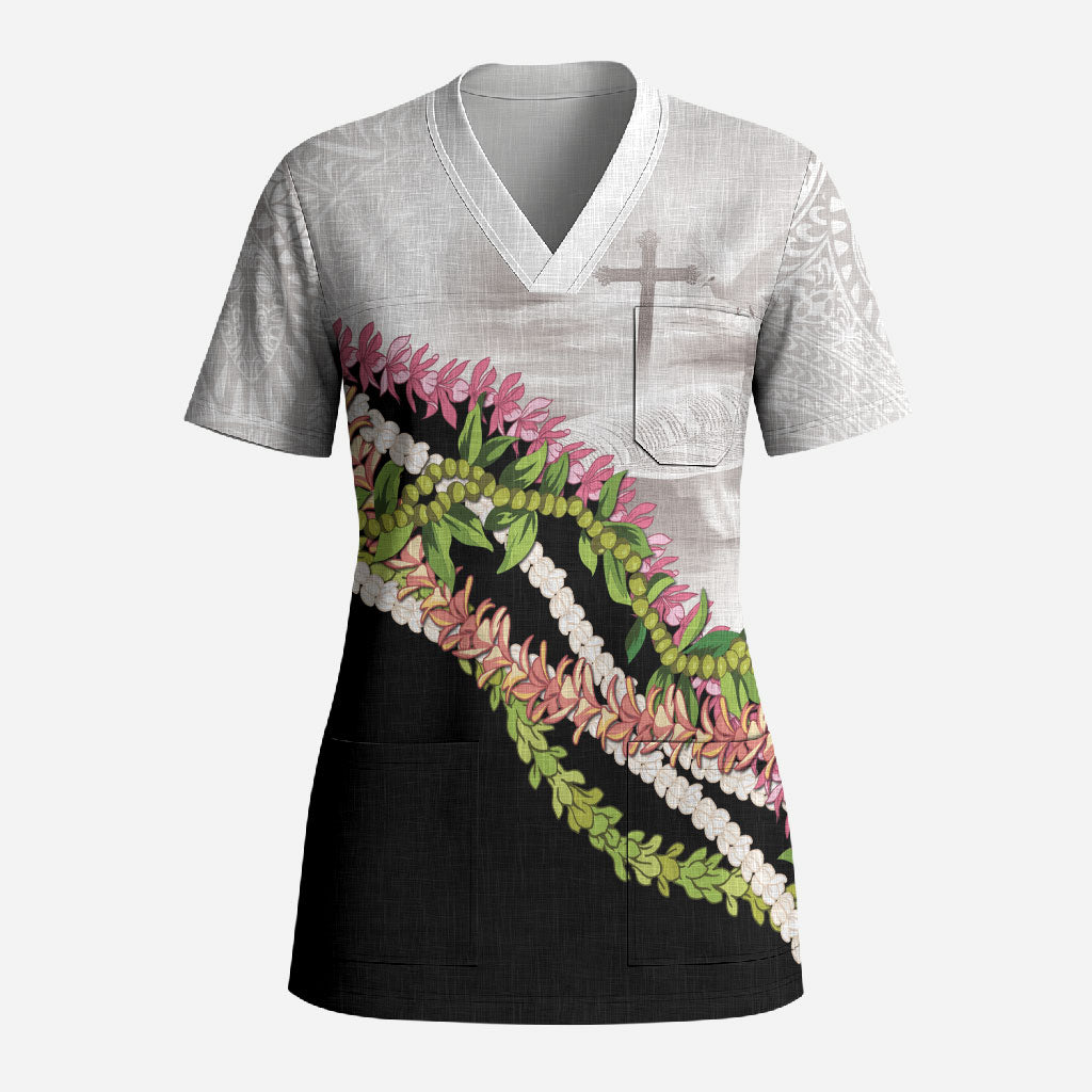 Hawaii Mokihana Mix Pikake Leis Mahalo 'Olelo Scrub Top White Tapa LT7 Adult White - Polynesian Pride