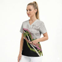 Hawaii Mokihana Mix Pikake Leis Mahalo 'Olelo Scrub Top White Tapa LT7 - Polynesian Pride