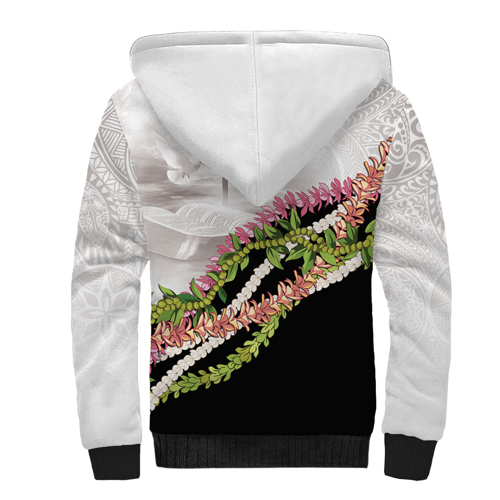 Hawaii Mokihana Mix Pikake Leis Mahalo 'Olelo Sherpa Hoodie White Tapa LT7 - Polynesian Pride