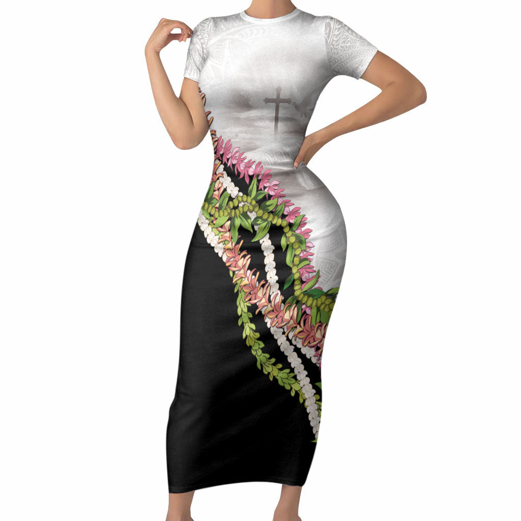 Hawaii Mokihana Mix Pikake Leis Mahalo 'Olelo Short Sleeve Bodycon Dress White Tapa LT7 Long Dress White - Polynesian Pride