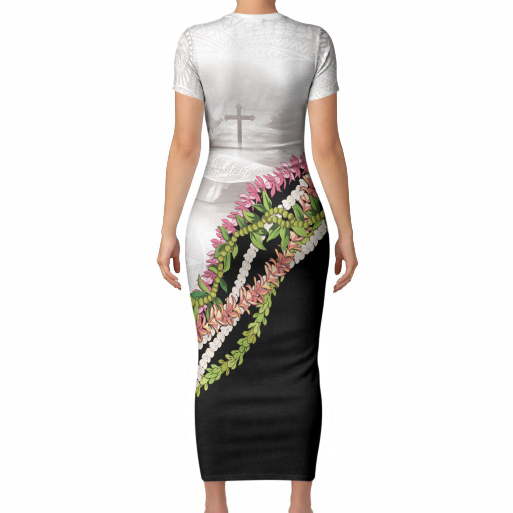 Hawaii Mokihana Mix Pikake Leis Mahalo 'Olelo Short Sleeve Bodycon Dress White Tapa LT7 - Polynesian Pride