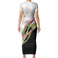Hawaii Mokihana Mix Pikake Leis Mahalo 'Olelo Short Sleeve Bodycon Dress White Tapa LT7 - Polynesian Pride