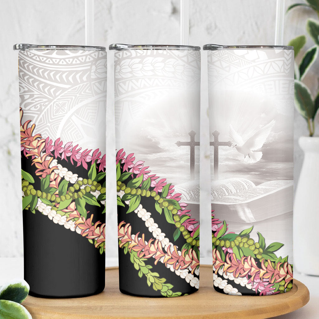 Hawaii Mokihana Mix Pikake Leis Mahalo 'Olelo Skinny Tumbler White Tapa LT7 - Polynesian Pride
