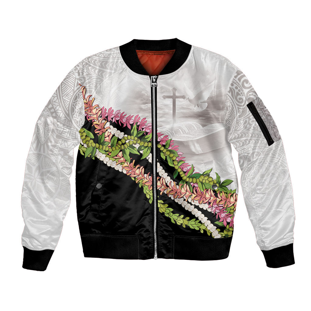 Hawaii Mokihana Mix Pikake Leis Mahalo 'Olelo Sleeve Zip Bomber Jacket White Tapa LT7 Unisex White - Polynesian Pride