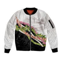 Hawaii Mokihana Mix Pikake Leis Mahalo 'Olelo Sleeve Zip Bomber Jacket White Tapa LT7 Unisex White - Polynesian Pride