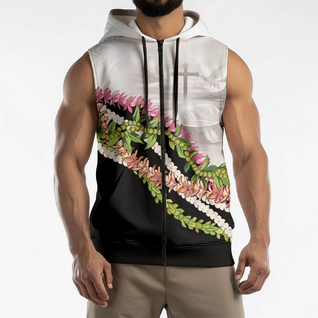 Hawaii Mokihana Mix Pikake Leis Mahalo 'Olelo Sleeveless Zip Hoodie White Tapa LT7 - Polynesian Pride