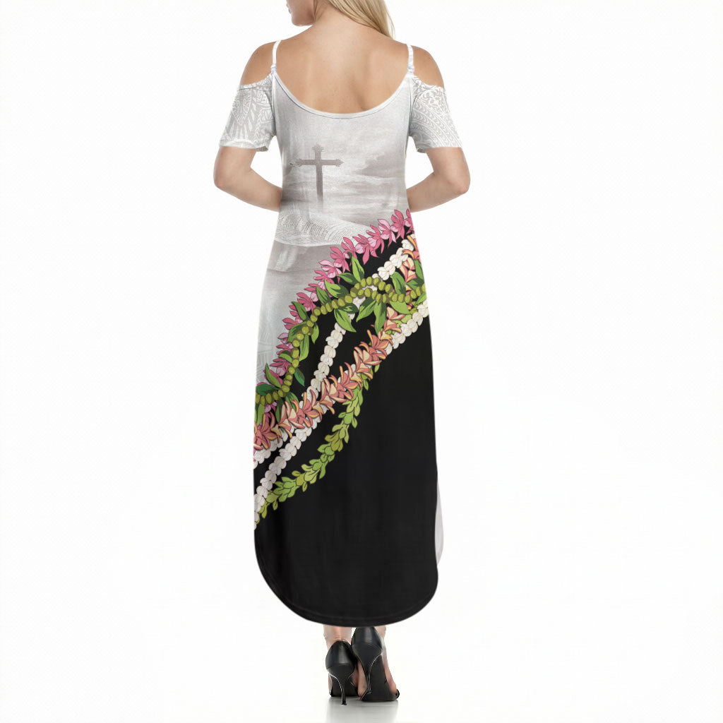 Hawaii Mokihana Mix Pikake Leis Mahalo 'Olelo Summer Maxi Dress White Tapa LT7 - Polynesian Pride
