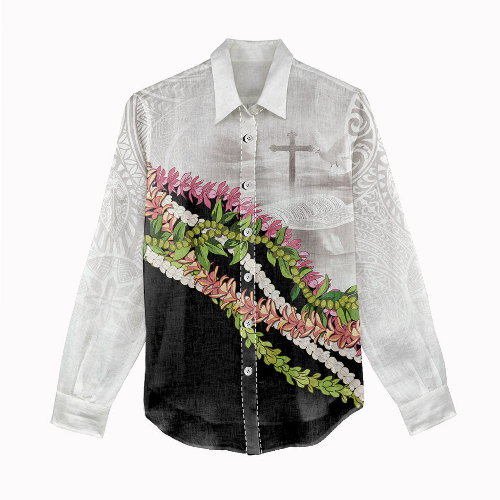 Hawaii Mokihana Mix Pikake Leis Mahalo 'Olelo Women Casual Shirt White Tapa LT7 - Polynesian Pride