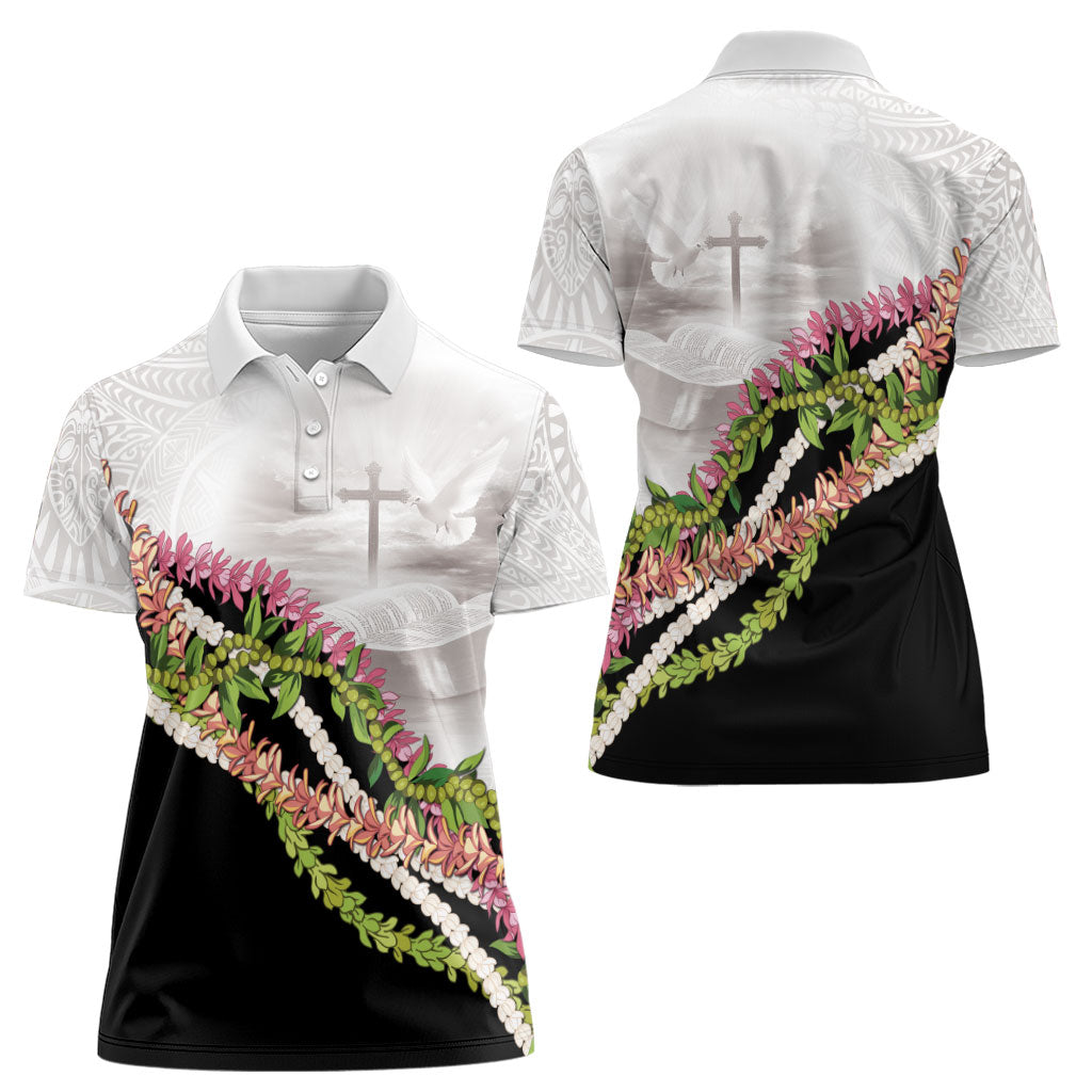 Hawaii Mokihana Mix Pikake Leis Mahalo 'Olelo Women Polo Shirt White Tapa LT7 - Polynesian Pride