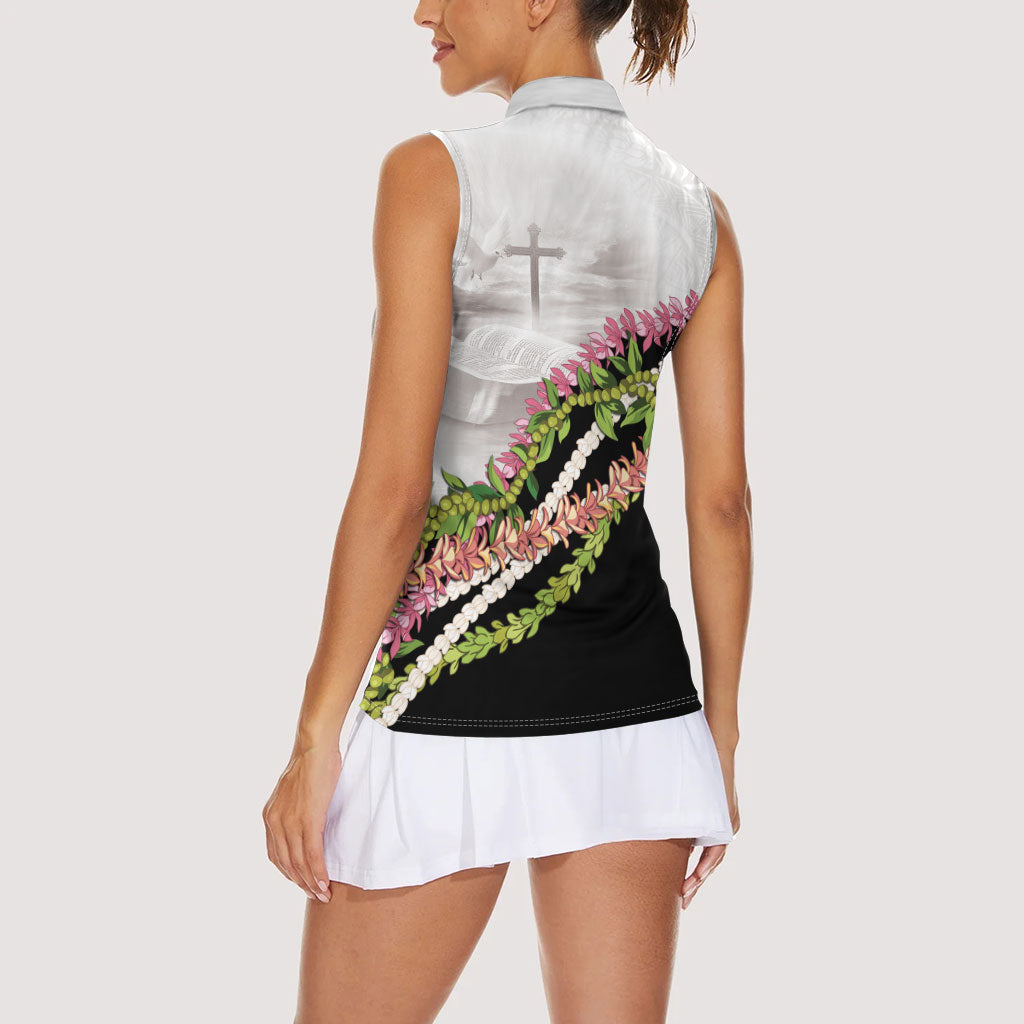 Hawaii Mokihana Mix Pikake Leis Mahalo 'Olelo Women Sleeveless Polo Shirt White Tapa LT7 - Polynesian Pride