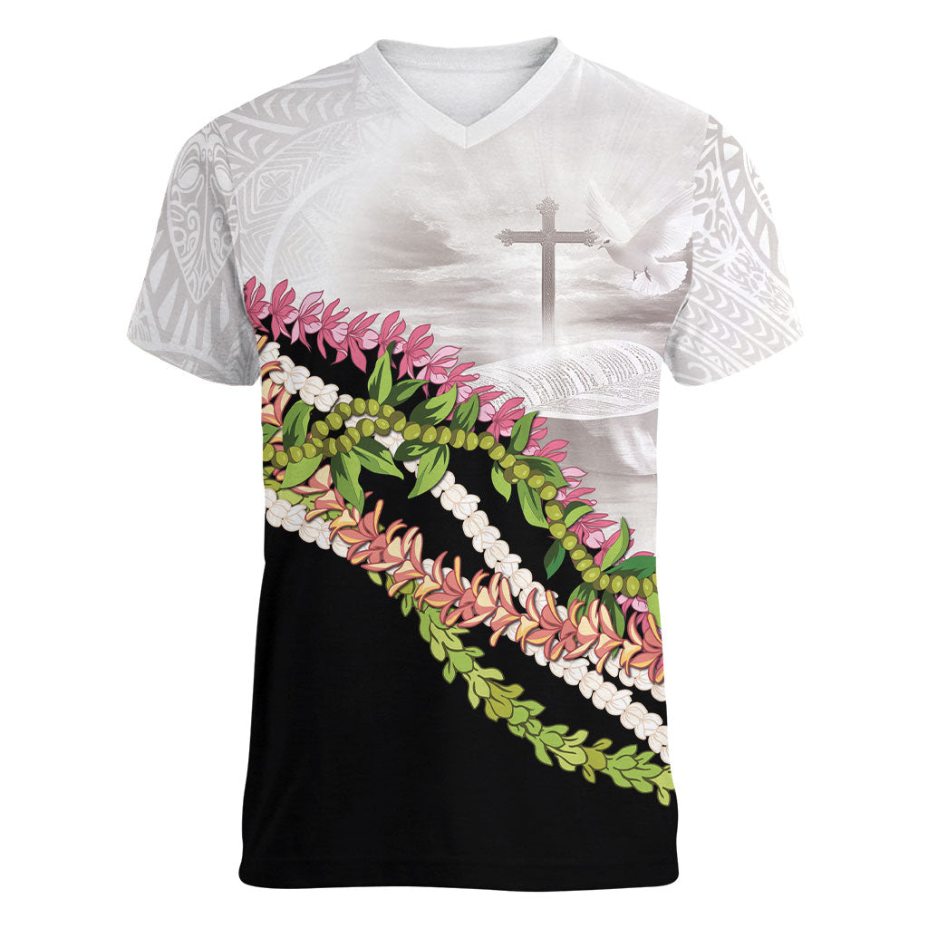 Hawaii Mokihana Mix Pikake Leis Mahalo 'Olelo Women V-Neck T-Shirt White Tapa LT7 Female White - Polynesian Pride