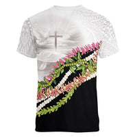 Hawaii Mokihana Mix Pikake Leis Mahalo 'Olelo Women V-Neck T-Shirt White Tapa LT7 - Polynesian Pride