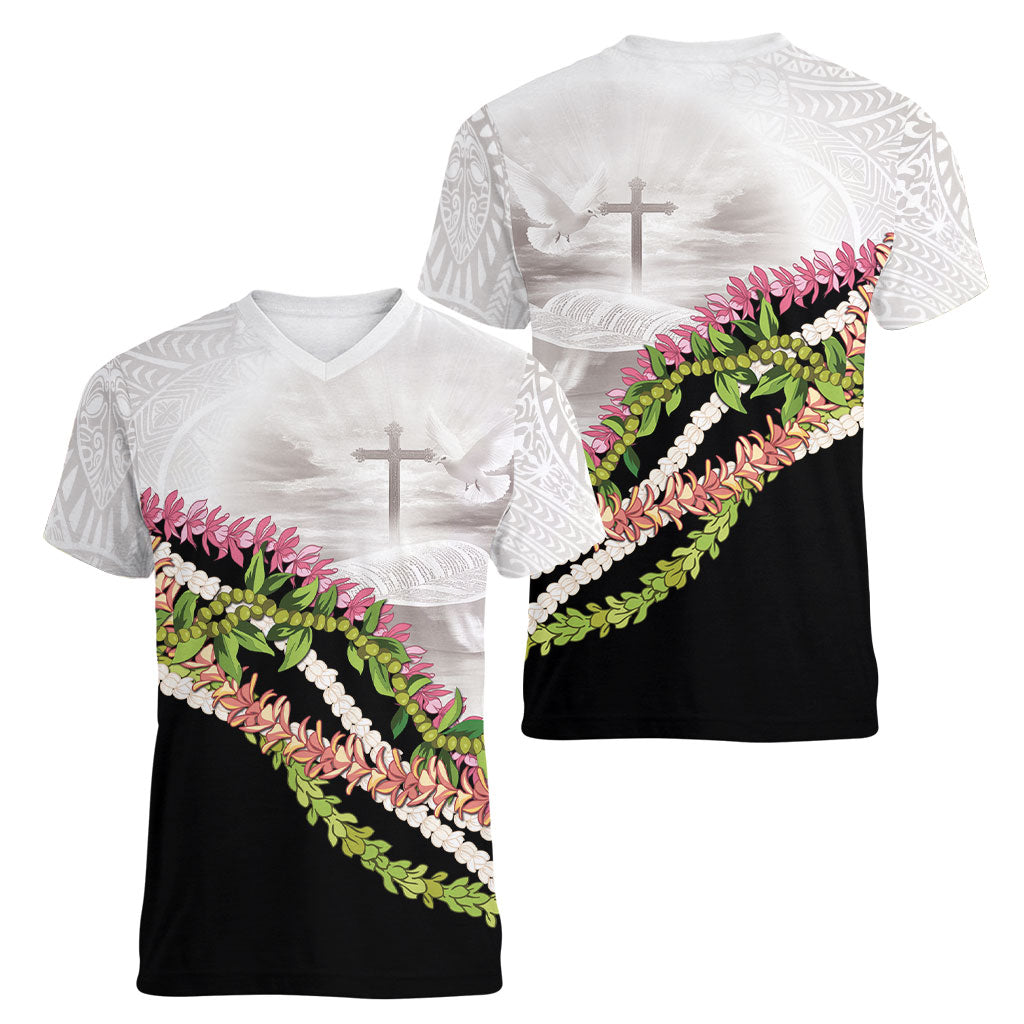 Hawaii Mokihana Mix Pikake Leis Mahalo 'Olelo Women V-Neck T-Shirt White Tapa LT7 - Polynesian Pride