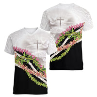 Hawaii Mokihana Mix Pikake Leis Mahalo 'Olelo Women V-Neck T-Shirt White Tapa LT7 - Polynesian Pride