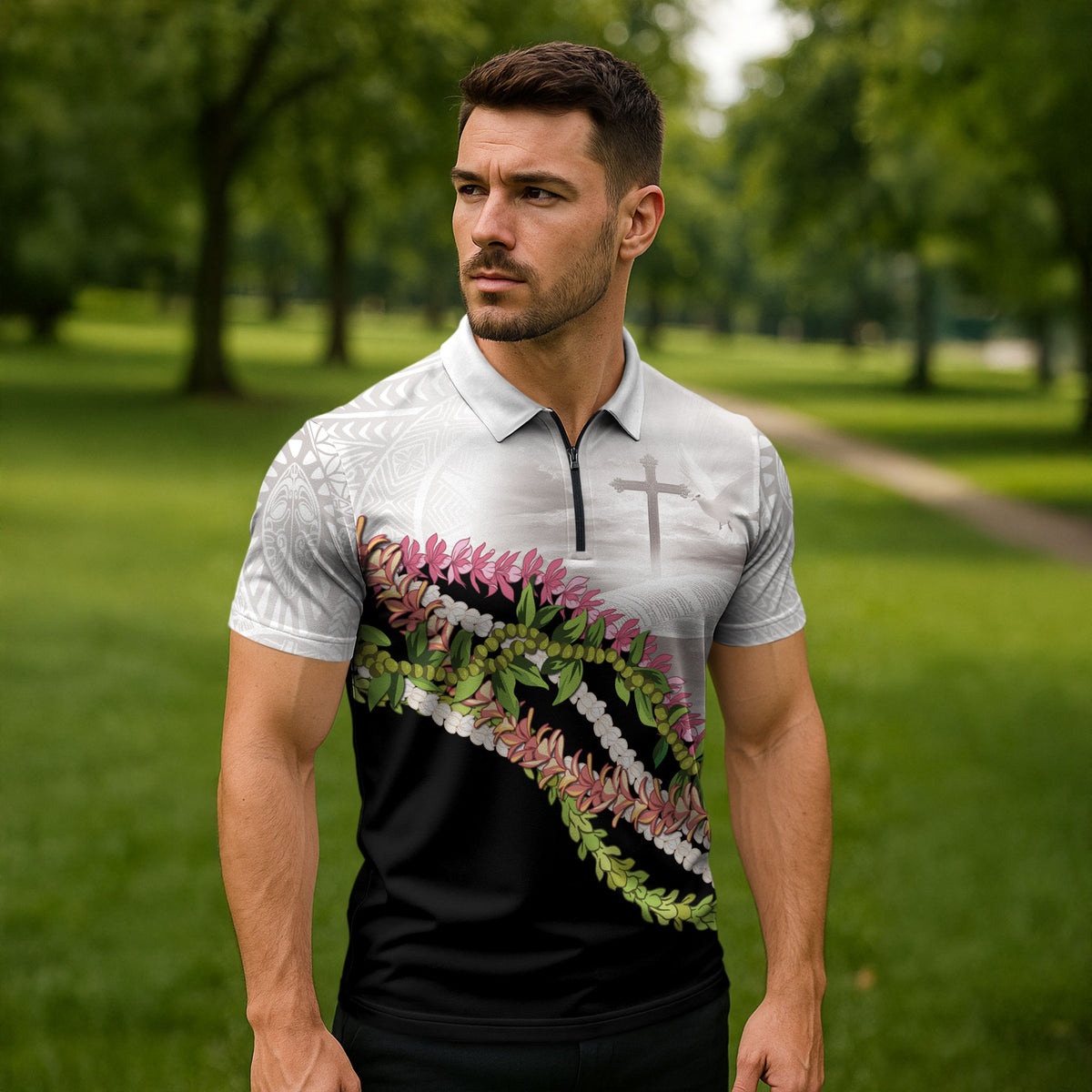Hawaii Mokihana Mix Pikake Leis Mahalo 'Olelo Zipper Polo Shirt White Tapa LT7 - Polynesian Pride