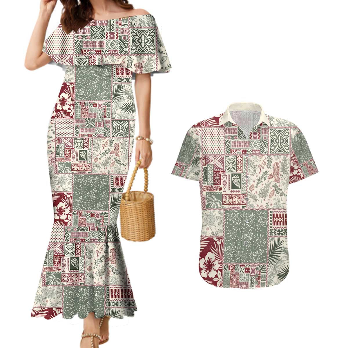 Aloha Hawaii Pastel Christmas Patchwork Couples Matching Mermaid Dress and Hawaiian Shirt Classic Style - Polynesian Pride