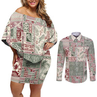 Aloha Hawaii Pastel Christmas Patchwork Couples Matching Off Shoulder Short Dress and Long Sleeve Button Shirt Classic Style - Polynesian Pride