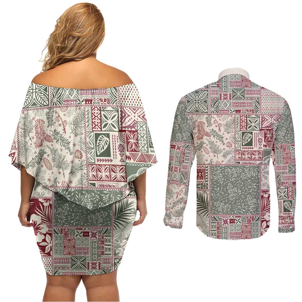 Aloha Hawaii Pastel Christmas Patchwork Couples Matching Off Shoulder Short Dress and Long Sleeve Button Shirt Classic Style - Polynesian Pride