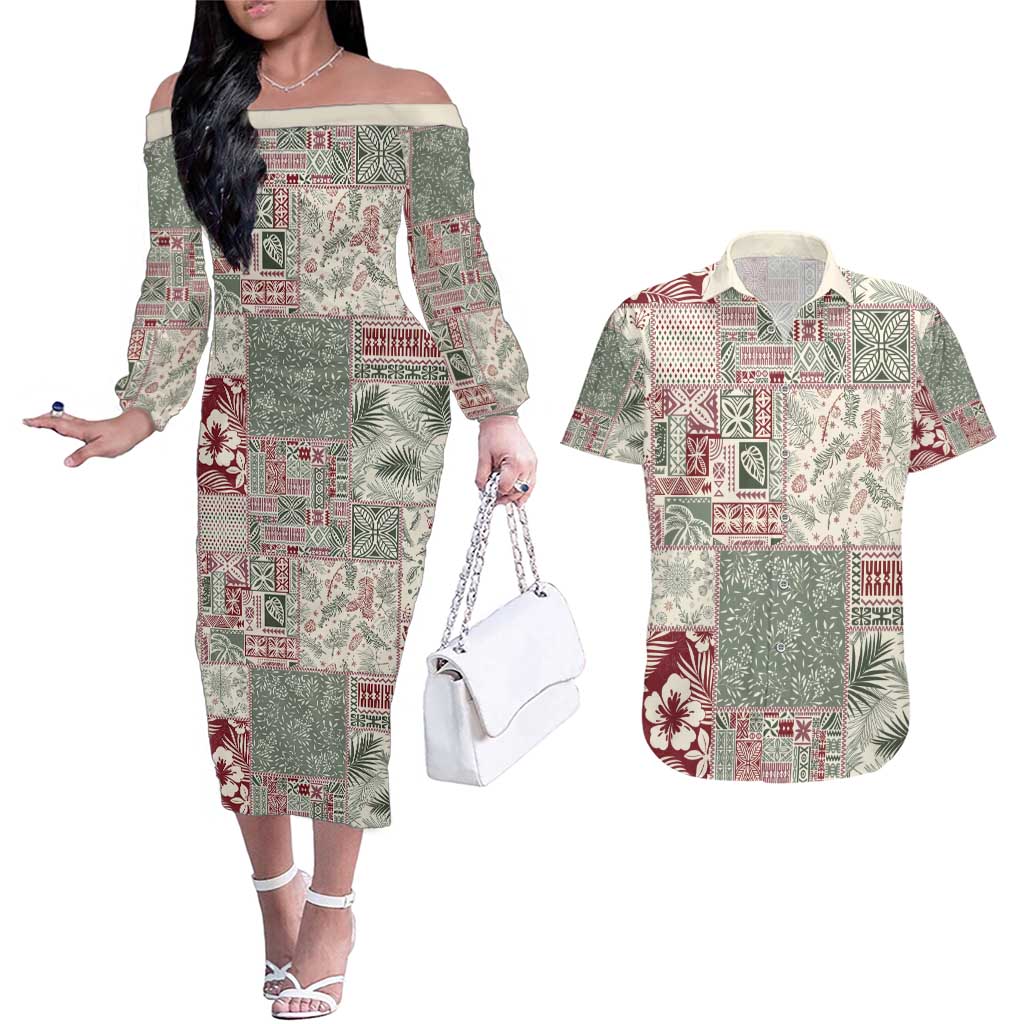 Aloha Hawaii Pastel Christmas Patchwork Couples Matching Off The Shoulder Long Sleeve Dress and Hawaiian Shirt Classic Style - Polynesian Pride