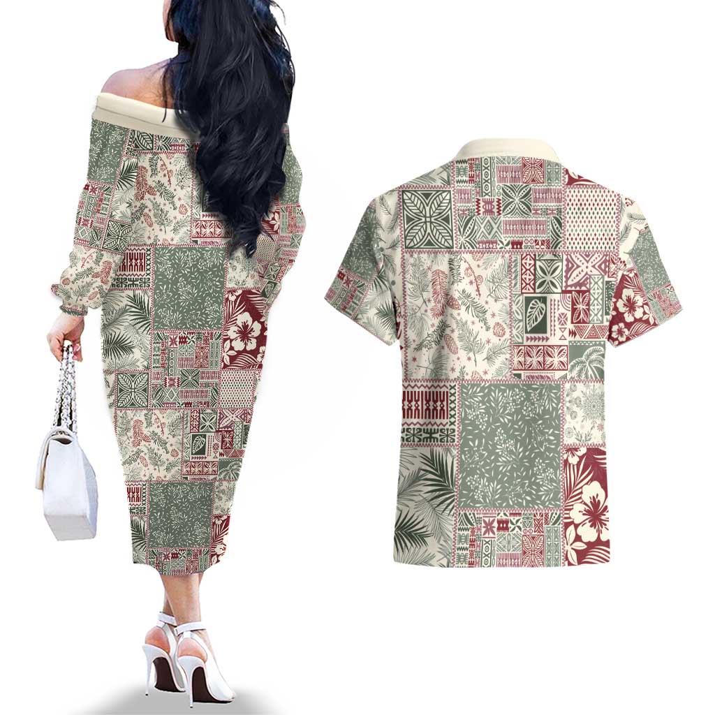 Aloha Hawaii Pastel Christmas Patchwork Couples Matching Off The Shoulder Long Sleeve Dress and Hawaiian Shirt Classic Style - Polynesian Pride