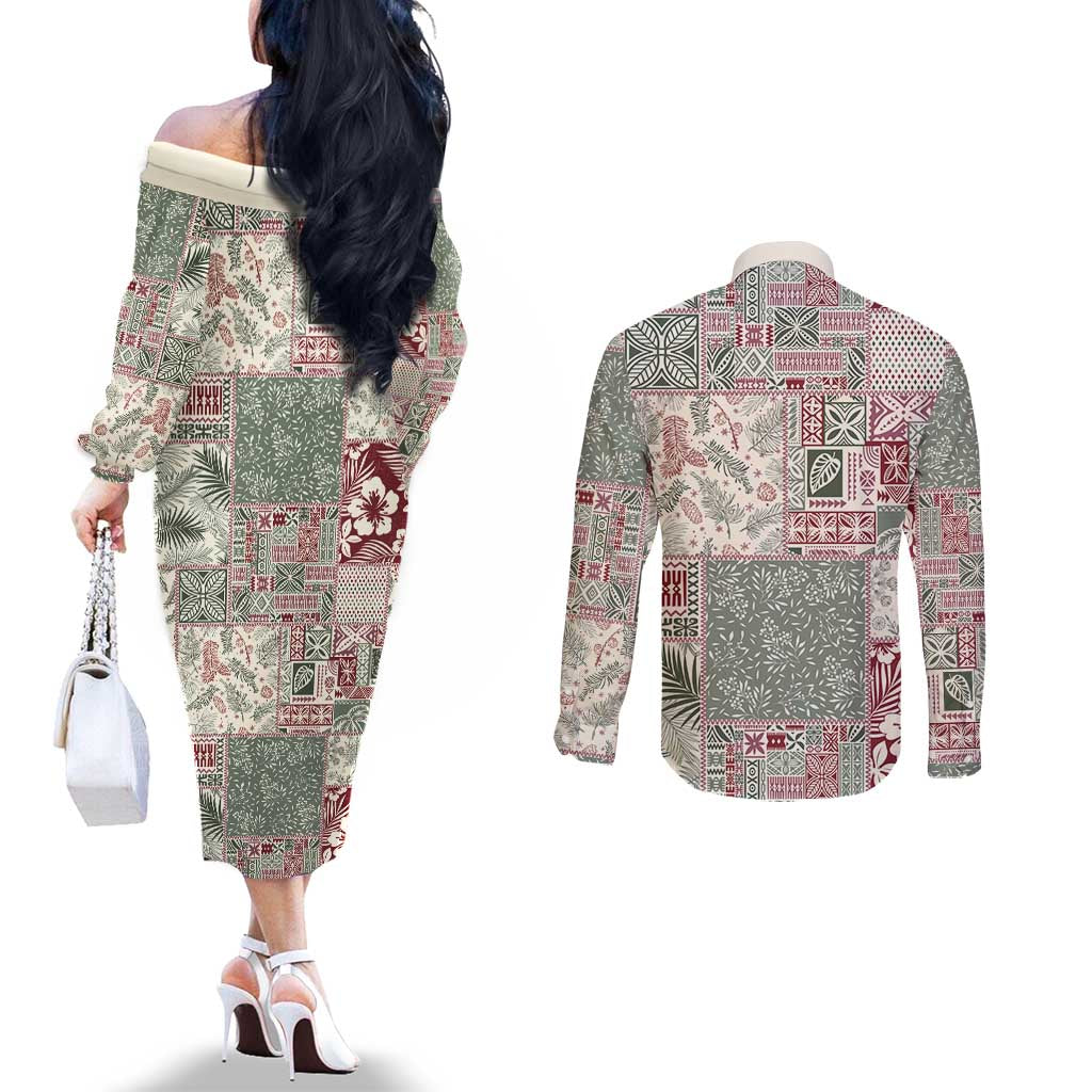 Aloha Hawaii Pastel Christmas Patchwork Couples Matching Off The Shoulder Long Sleeve Dress and Long Sleeve Button Shirt Classic Style - Polynesian Pride
