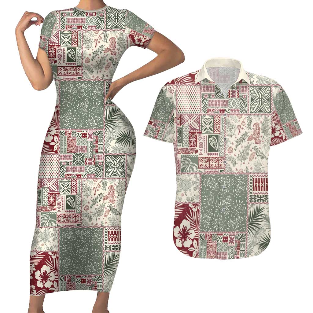Aloha Hawaii Pastel Christmas Patchwork Couples Matching Short Sleeve Bodycon Dress and Hawaiian Shirt Classic Style - Polynesian Pride