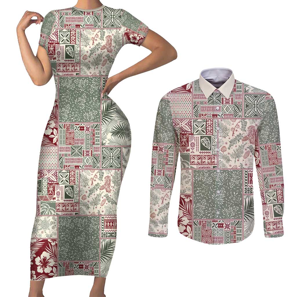 Aloha Hawaii Pastel Christmas Patchwork Couples Matching Short Sleeve Bodycon Dress and Long Sleeve Button Shirt Classic Style - Polynesian Pride