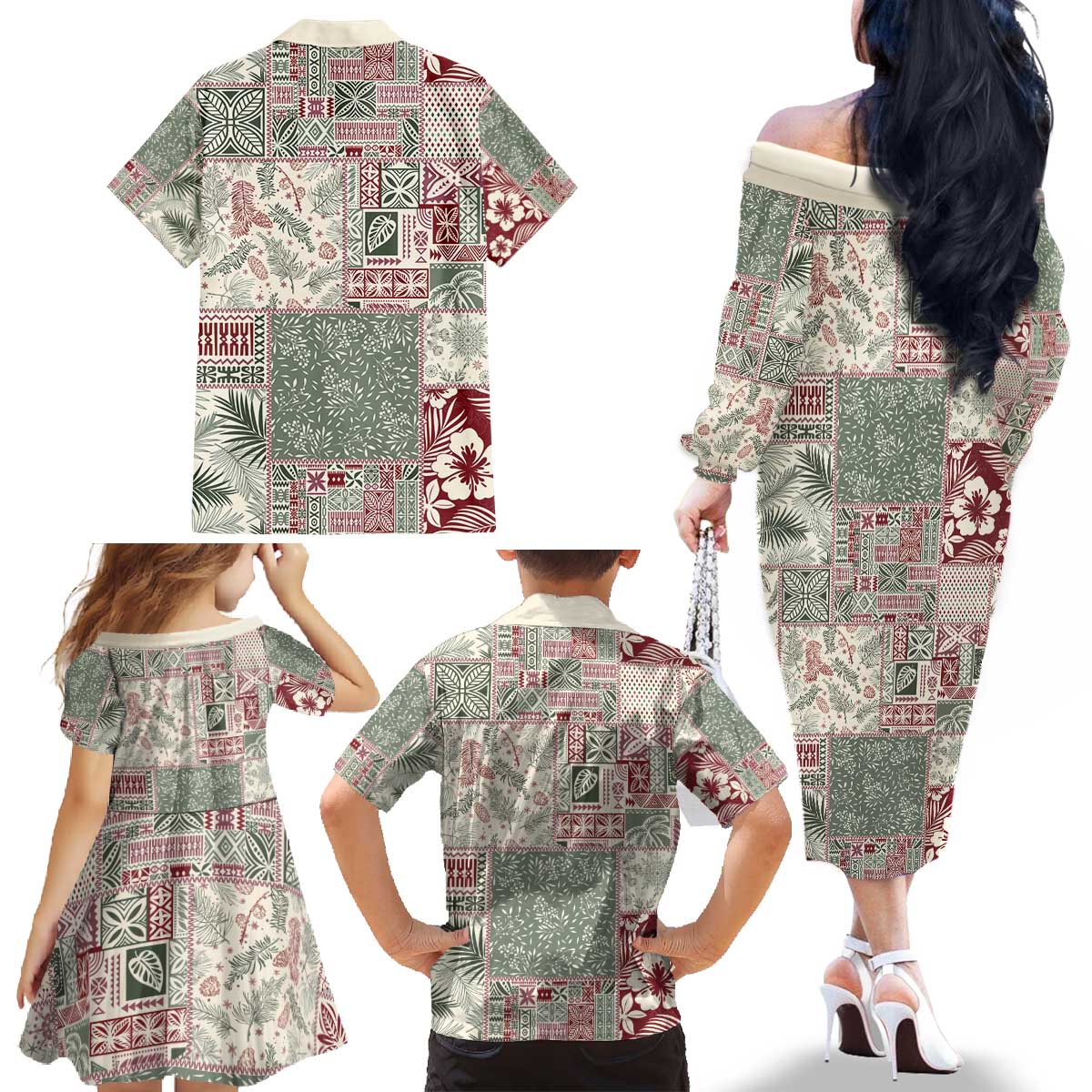 Aloha Hawaii Pastel Christmas Patchwork Family Matching Off The Shoulder Long Sleeve Dress and Hawaiian Shirt Classic Style - Polynesian Pride