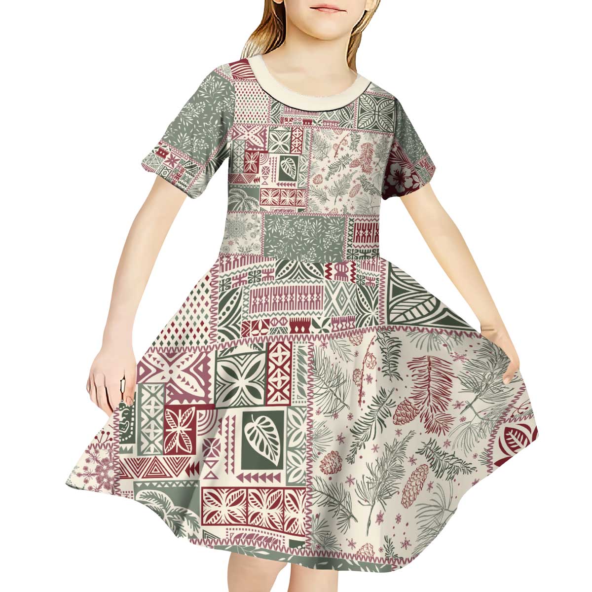 Aloha Hawaii Pastel Christmas Patchwork Kid Short Sleeve Dress Classic Style - Polynesian Pride