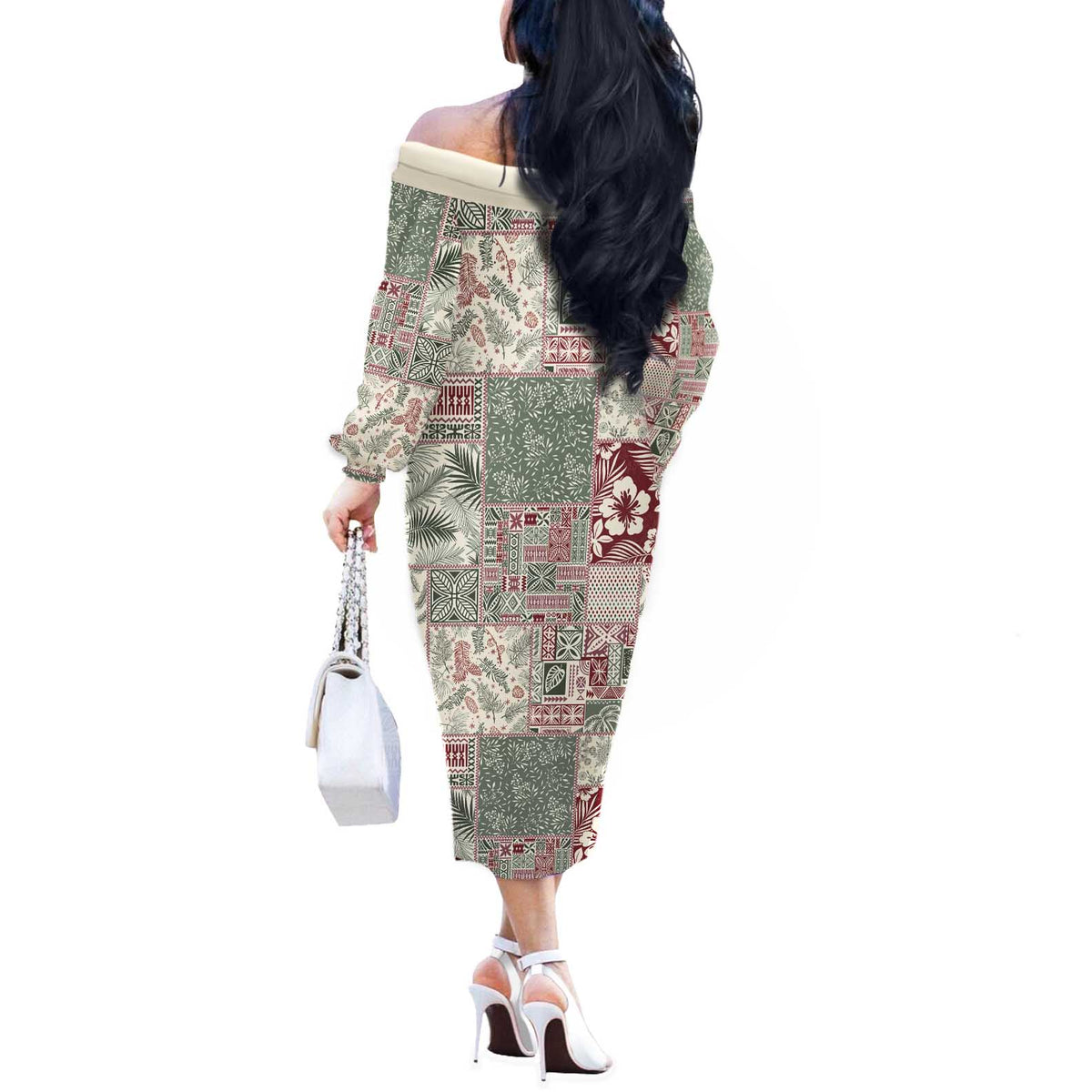Aloha Hawaii Pastel Christmas Patchwork Off The Shoulder Long Sleeve Dress Classic Style - Polynesian Pride