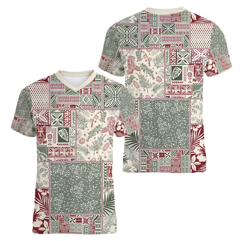 Aloha Hawaii Pastel Christmas Patchwork Women V-Neck T-Shirt Classic Style - Polynesian Pride