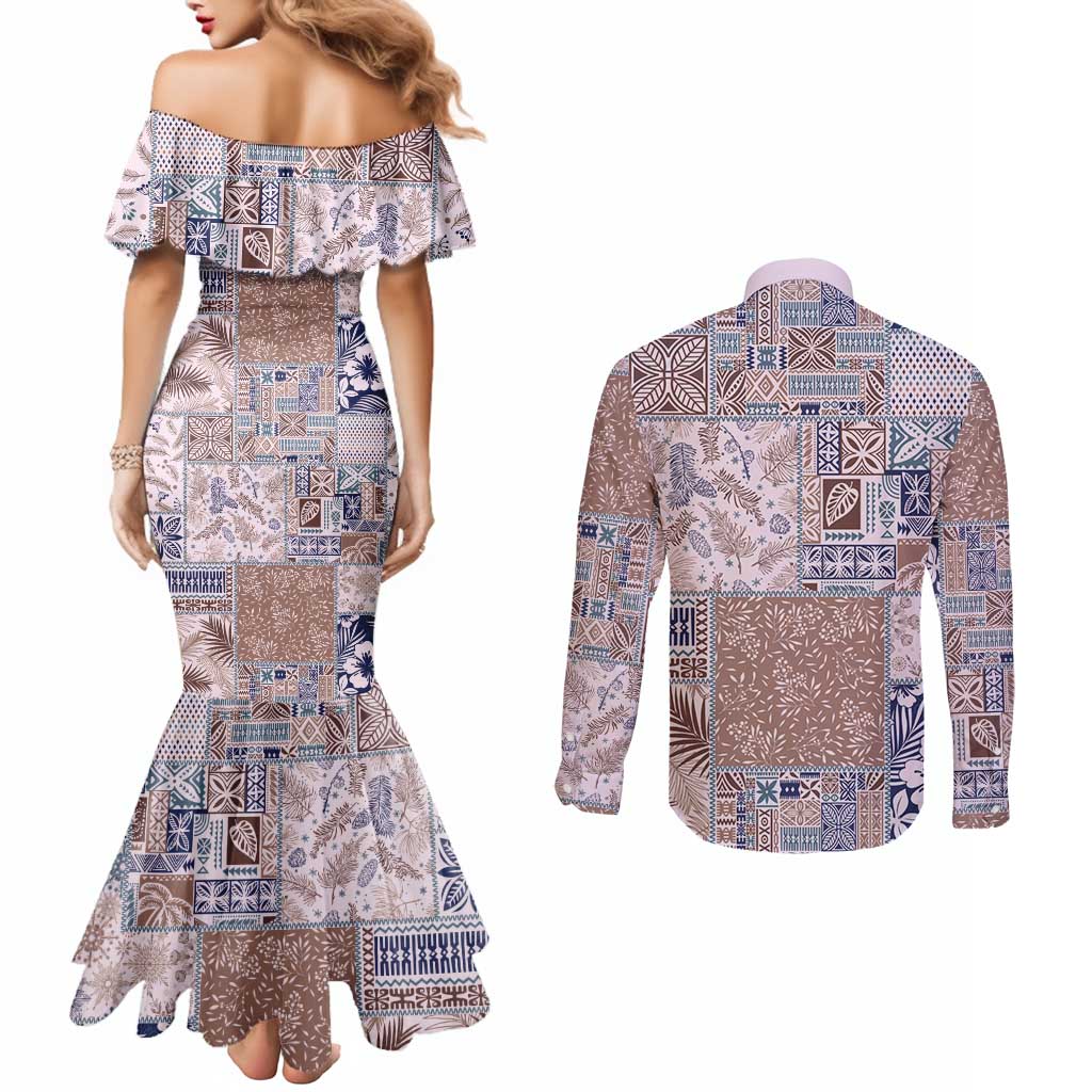 Aloha Hawaii Pastel Christmas Patchwork Couples Matching Mermaid Dress and Long Sleeve Button Shirt Rustic Style - Polynesian Pride