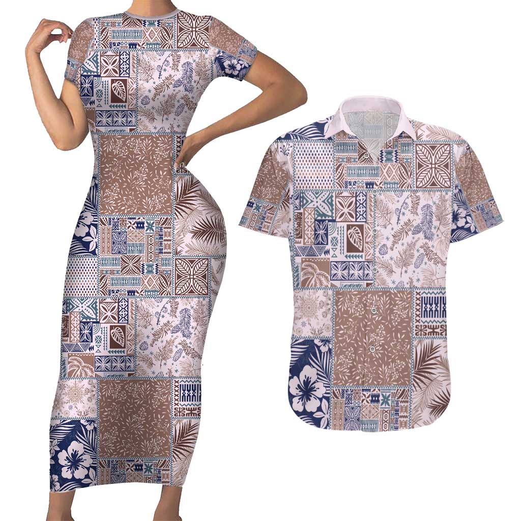 Aloha Hawaii Pastel Christmas Patchwork Couples Matching Short Sleeve Bodycon Dress and Hawaiian Shirt Rustic Style - Polynesian Pride