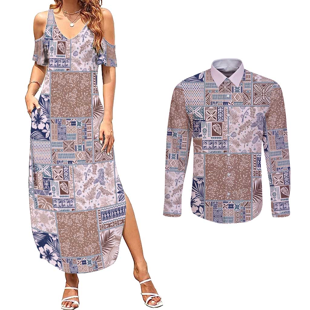 Aloha Hawaii Pastel Christmas Patchwork Couples Matching Summer Maxi Dress and Long Sleeve Button Shirt Rustic Style - Polynesian Pride