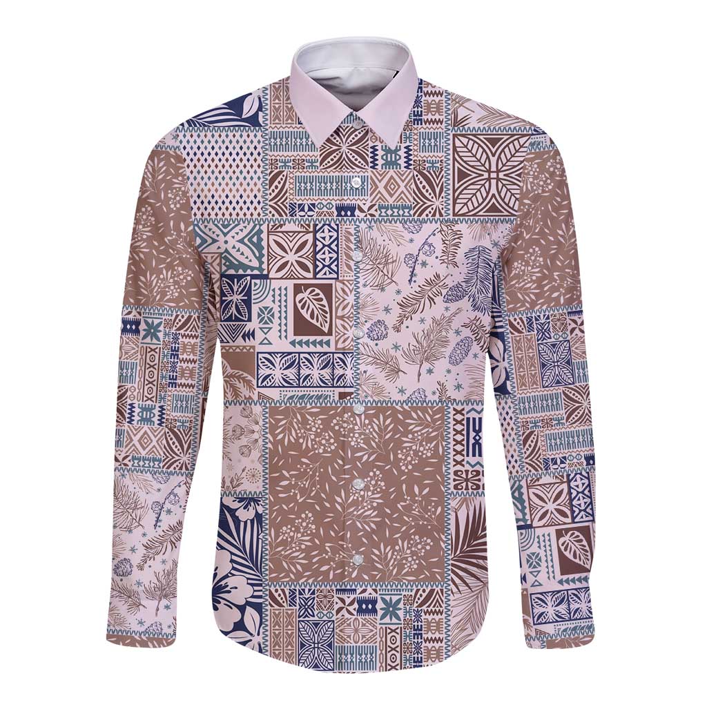 Aloha Hawaii Pastel Christmas Patchwork Long Sleeve Button Shirt Rustic Style - Polynesian Pride