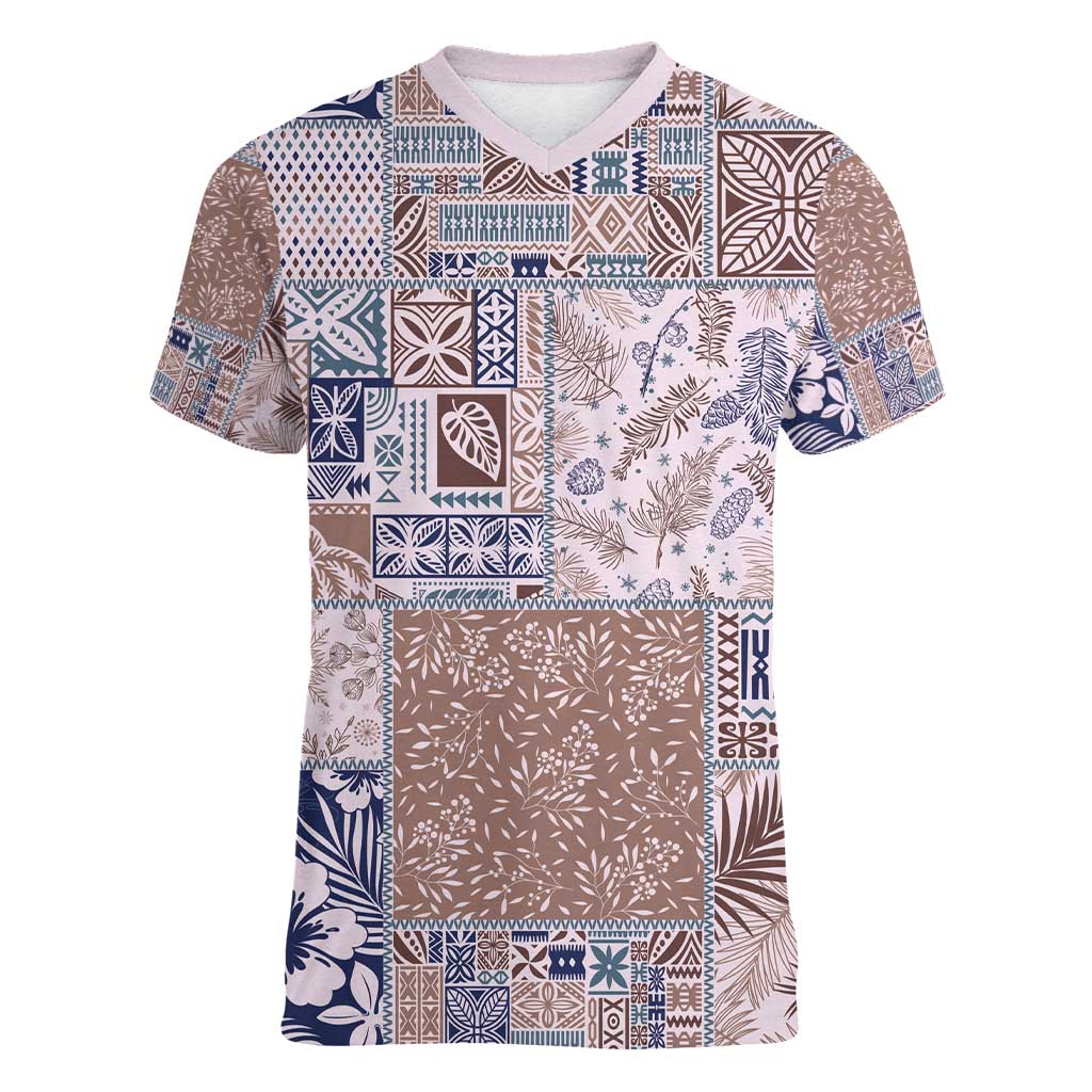 Aloha Hawaii Pastel Christmas Patchwork Women V-Neck T-Shirt Rustic Style - Polynesian Pride