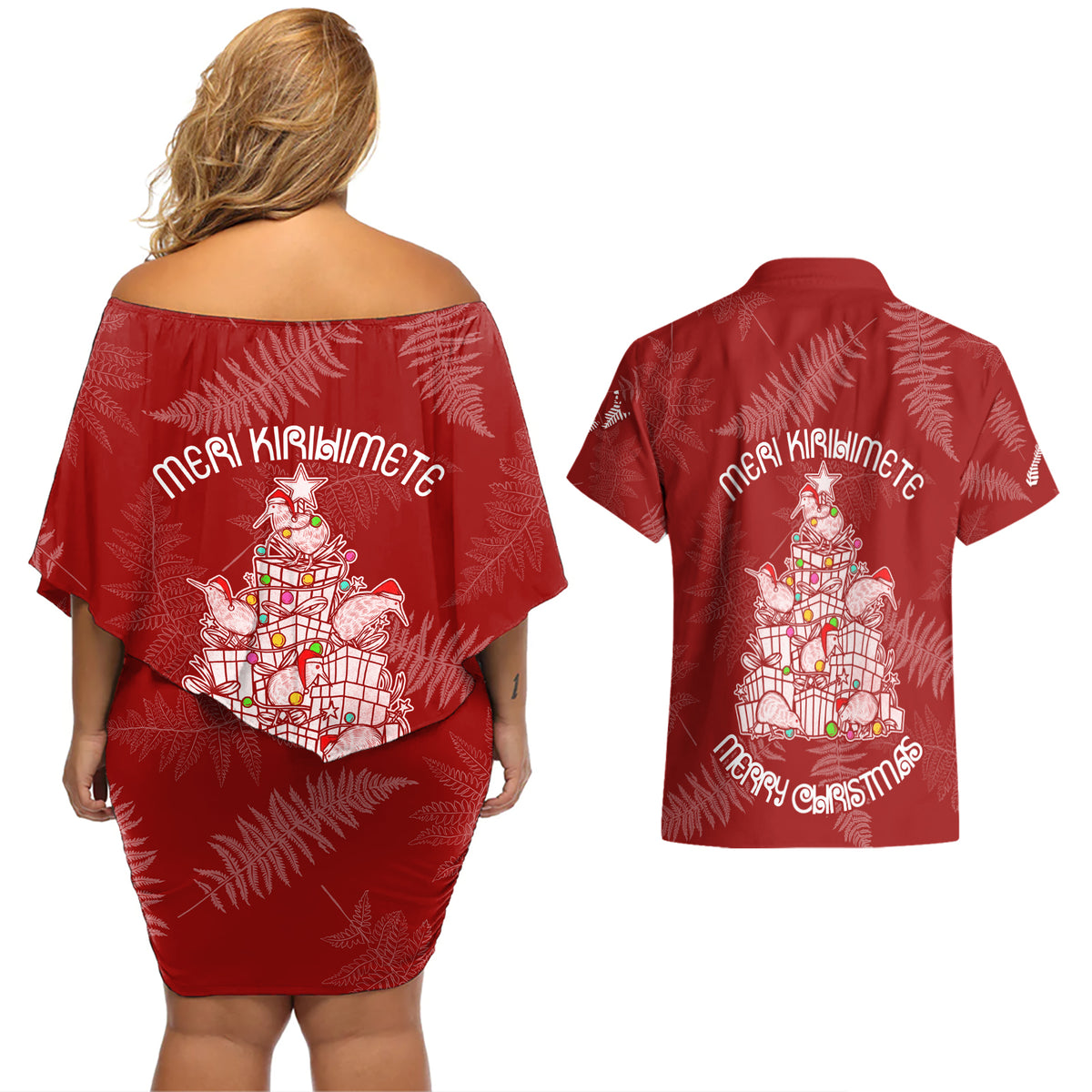 New Zealand Christmas Couples Matching Off Shoulder Short Dress and Hawaiian Shirt Silver Fern Mix Kiwi Bird Ver02 LT7 - Polynesian Pride