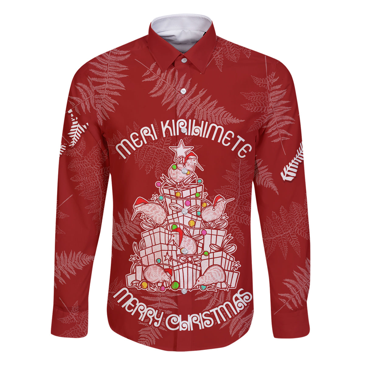 New Zealand Christmas Family Matching Off Shoulder Short Dress and Hawaiian Shirt Silver Fern Mix Kiwi Bird Ver02 LT7 Dad's Shirt - Long Sleeve Red - Polynesian Pride