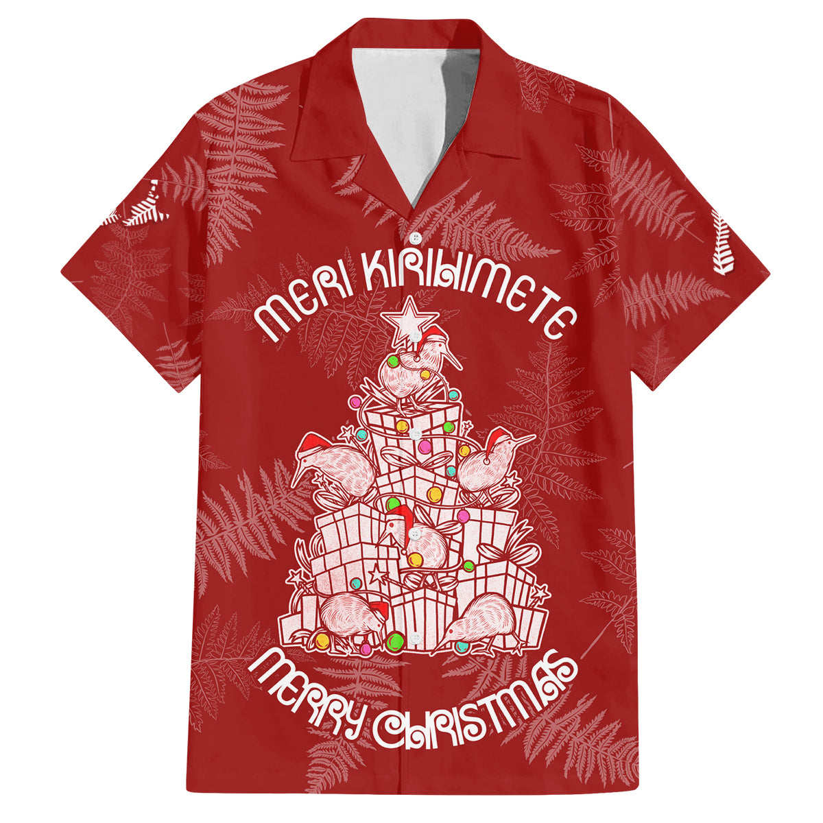 New Zealand Christmas Family Matching Puletasi Dress and Hawaiian Shirt Silver Fern Mix Kiwi Bird Ver02 LT7 Dad's Shirt - Short Sleeve Red - Polynesian Pride