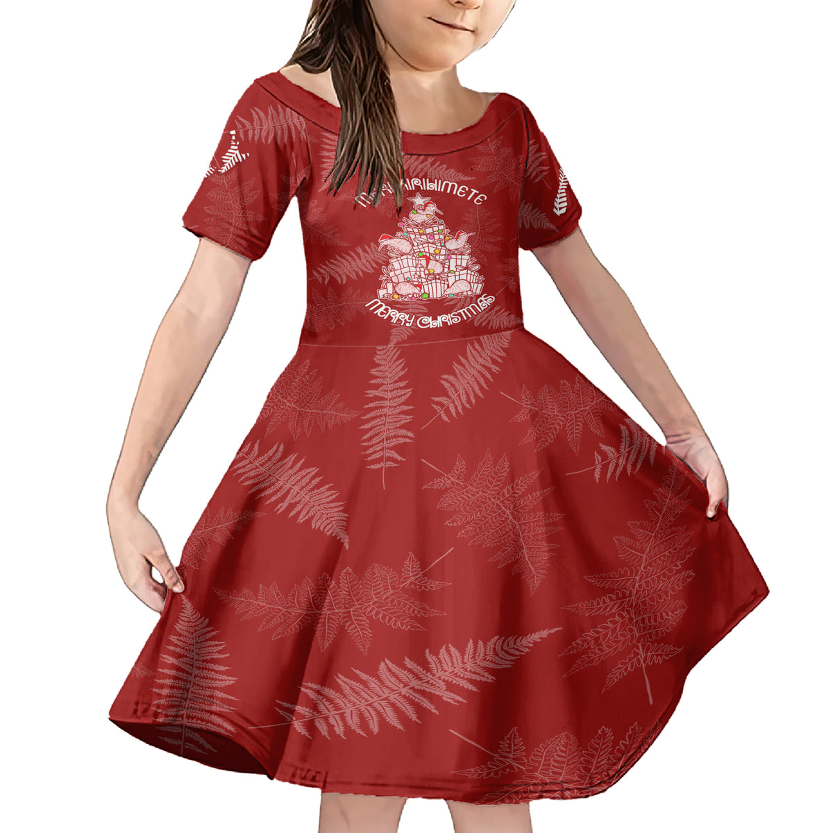 New Zealand Christmas Family Matching Short Sleeve Bodycon Dress and Hawaiian Shirt Silver Fern Mix Kiwi Bird Ver02 LT7 Daughter's Dress Red - Polynesian Pride