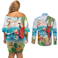 Aloha Hawaii Christmas Couples Matching Off Shoulder Short Dress and Long Sleeve Button Shirt It's 5 o'clock Somewhere